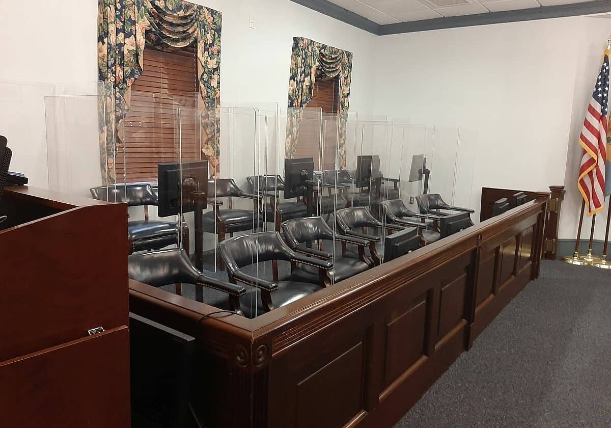 ML - Delaware courts are getting ready to restart jury trials in June - and crews have been busy making the courtrooms safer for everyone taking part.  If you're called for jury duty - you will be socially distanced in Courtroom #1 in Georgetown.  The the jury members chosen will hear the trial in Courtroom #2.  Each juror will be separated by plexiglass.  The witness box, judge's bench, staff seats and the attorneys are also separated by plexiglass and anyone sitting in the gallery will be socially distanced as well.  