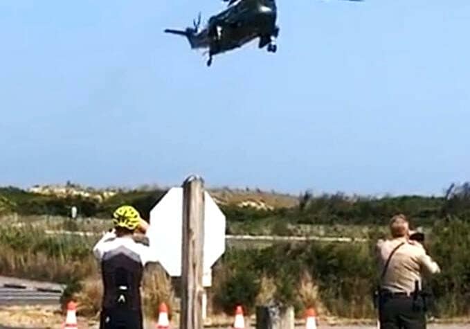 A "Marine 1" helicopter was photographed last Wednesday making a test landing on the Gordons Pond lot in the Cape Henlopen State Park. Screenshot courtesy iDewey. 