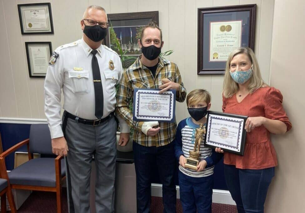 Milford Police Chief Kenneth Brown honors Senior Cpl Timothy Webb, photo courtesy of Chief Brown Twitter feed