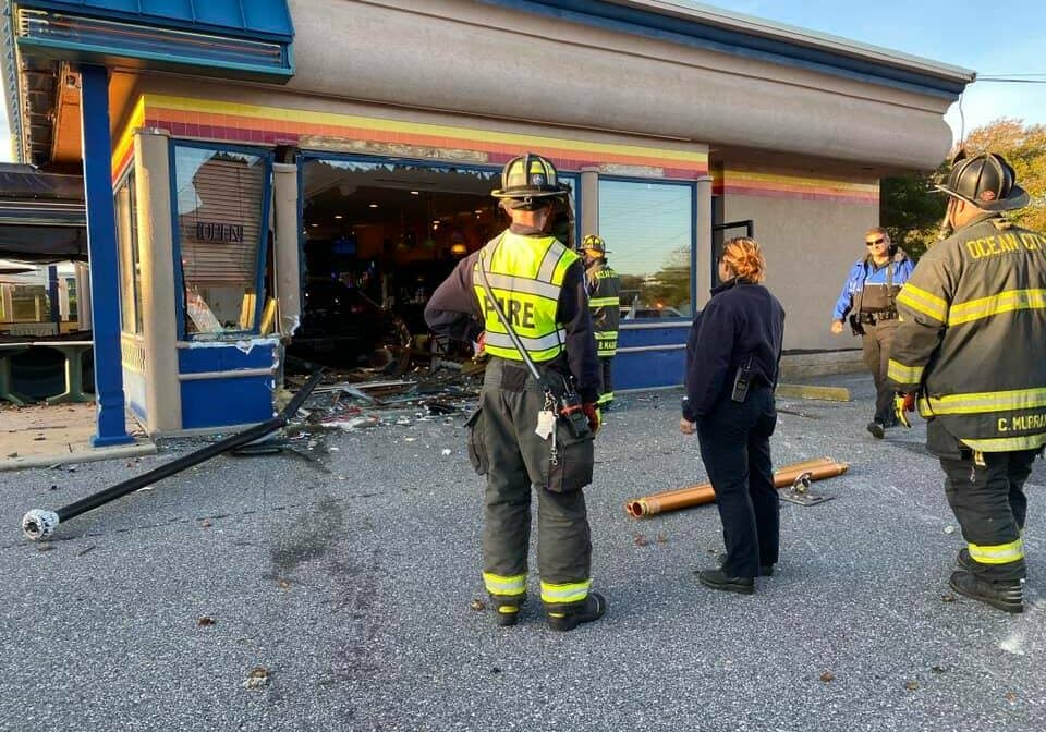 A vehicle crashed into the Little House of Pancakes, Ribs and Pizza in Ocean City Thursday morning. Photo shared by the Ocean City Fire Dept. on Facebook