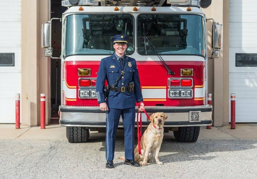 Deputy State Fire Marshal Michael Pfaffenhauser and K-9 PJ are a fire investigation accelerant detection team with the Delaware State Fire Marshal’s Office. K-9 PJ, a Yellow Labrador Retriever, and Deputy Pfaffenhauser were trained during a 4-week class in Concord, New Hampshire by Maine Specialty Dogs and certified as a team by the Maine State Police in April 2022. K-9 PJ is specially trained to sniff out ignitable liquids that may be used to start or spread a fire. Deputy Pfaffenhauser and K-9 PJ will also perform demonstrations for schools and other organizations. As a team Deputy Pfaffenhauser and K-9 PJ are proud to serve the entire state of Delaware.