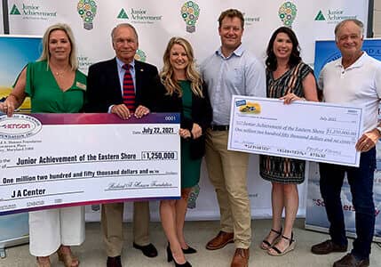 left to right are Stacey McMichael, executive director of the Henson Foundation; Steve Farrow, Henson Foundation board member; Jayme Hayes, president of Junior Achievement of the Eastern Shore; Chris Perdue, director of e-commerce at Perdue and JA Center campaign council member; Kim Nechay, executive director of the Perdue Foundation; and Jim Perdue, chairman of Perdue Farms.