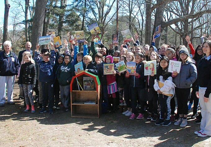 Seventy-two fourth graders outside Rehoboth Elementary School on March 28 to welcome a Book Barn with “ag accurate” books donated by Delaware Farm Bureau for their school library.   