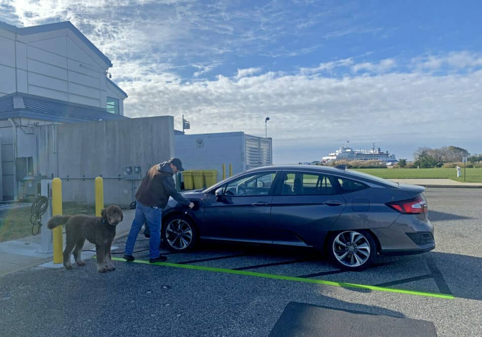 Terry Anstead, Customer Service Manager at the Ferry, charges his 2019 Honda Clarity Plug-In Hybrid at one of the new EV charging stations at the Cape May Ferry Terminal.