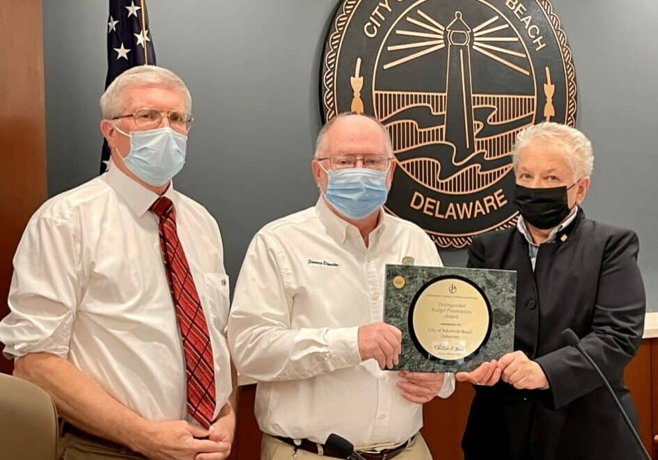 From left, Mayor Stan Mills, Finance Director Burt Dukes, and City Manager Sharon Lynn (photo provided by City of Rehoboth Beach)