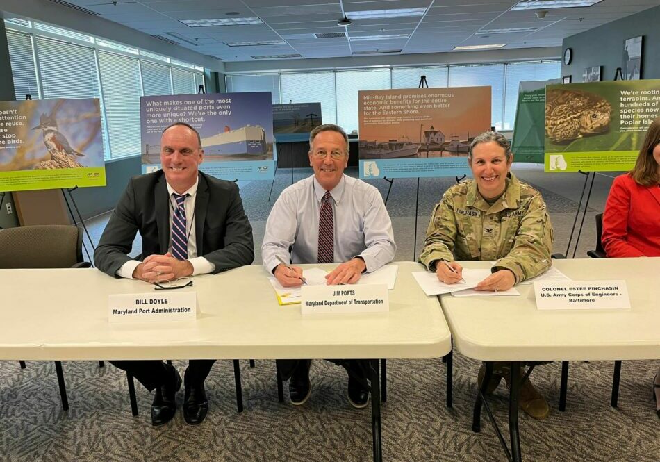 USACE, Baltimore District, Commander Col. Estee S. Pinchasin signs a Project Partnership Agreement with Maryland Department of Transportation Secretary James F. Ports Jr. for the $4 billion Mid-Chesapeake Bay ecosystem restoration project at MDOT headquarters, Aug. 23, 2022.