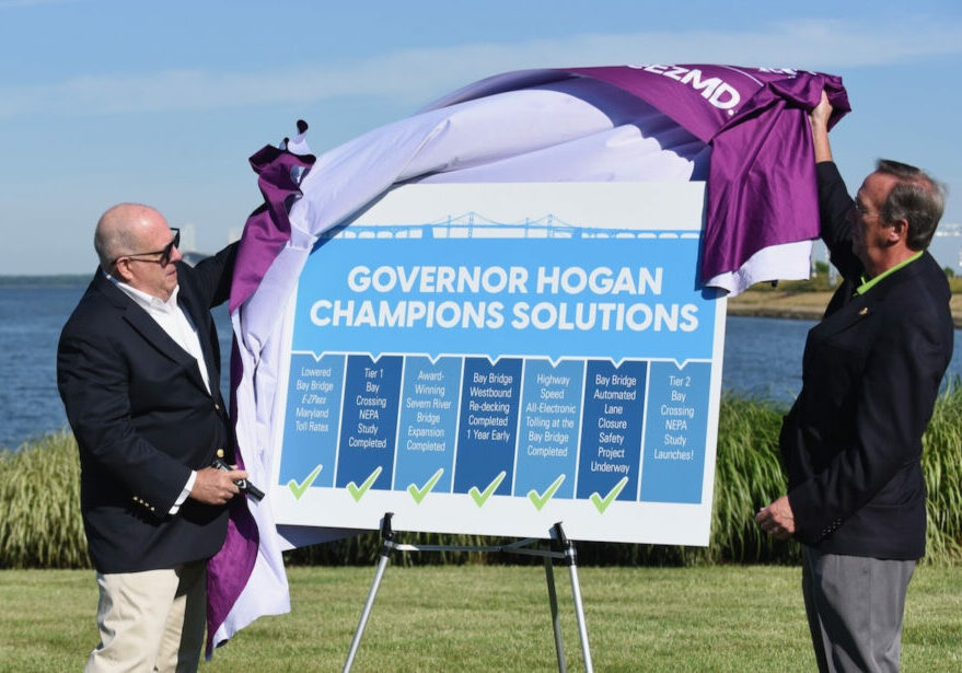 Governor Larry Hogan (left) is jointed by Maryland Secretary of Transportation James Ports Jr. at the announcement of a $28-million Chesapeake Bay Crossing Tier 2 Study (photo courtesy of the office of Gov. Larry Hogan)