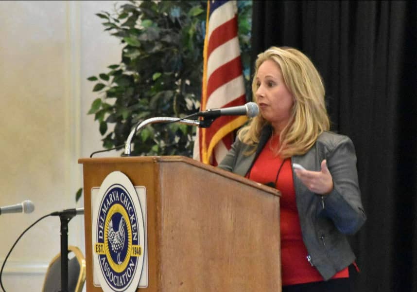 Dr. Suzanne Dougherty, veterinarian with poultry processing company Pilgrim's, addresses the audience at the 56th National Meeting on Poultry Health, Processing, and Live Production in Ocean City, Md. on Sept. 28, 2021. Photo provided by Delmarva Chicken Association