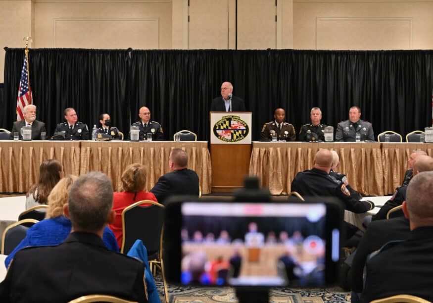 Governor Hogan spoke Monday at a conference of the Chiefs of Police Association and Sheriffs Association in Ocean City (photo courtesy of Gov. Larry Hogan's Office)